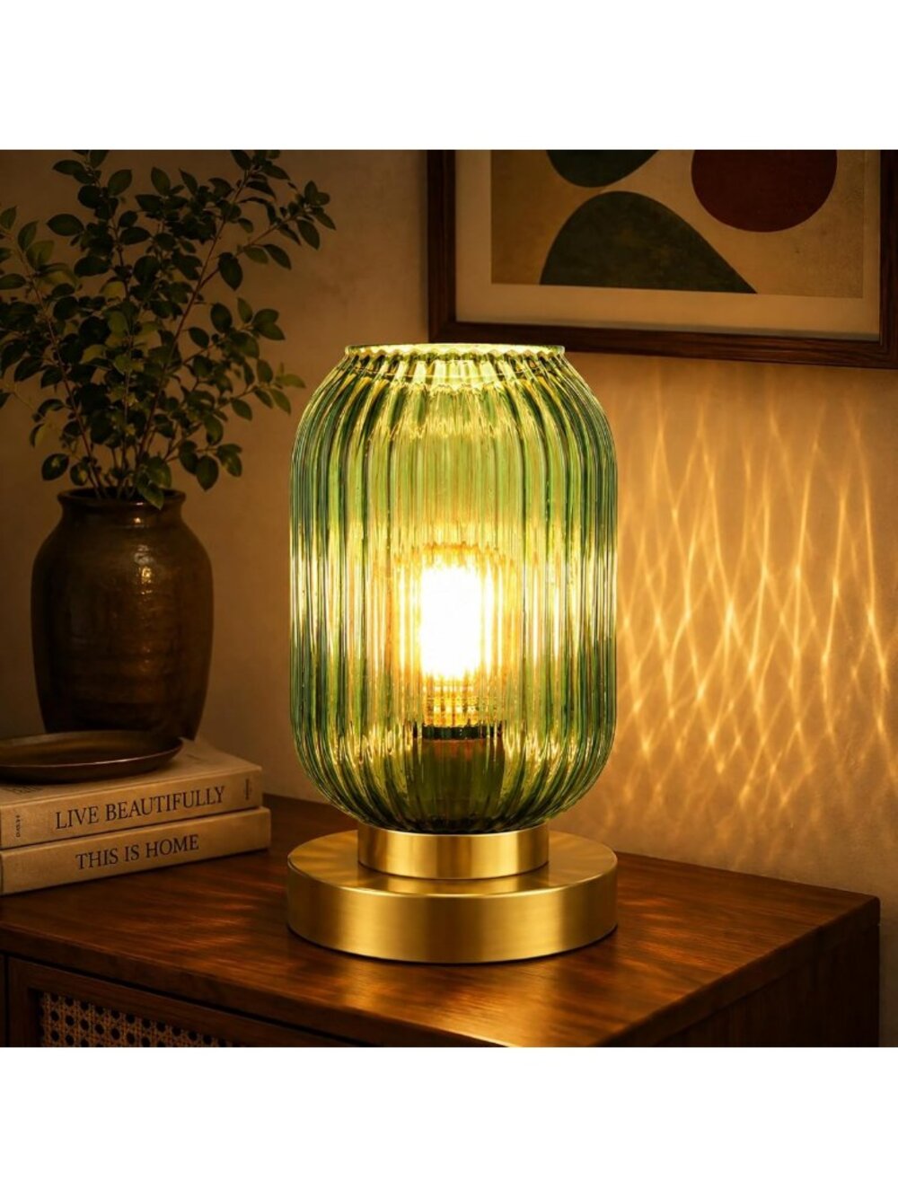 Mid Century Modern Gold Table Lamp - Ribbed Green Glass Shade, Stylish Home